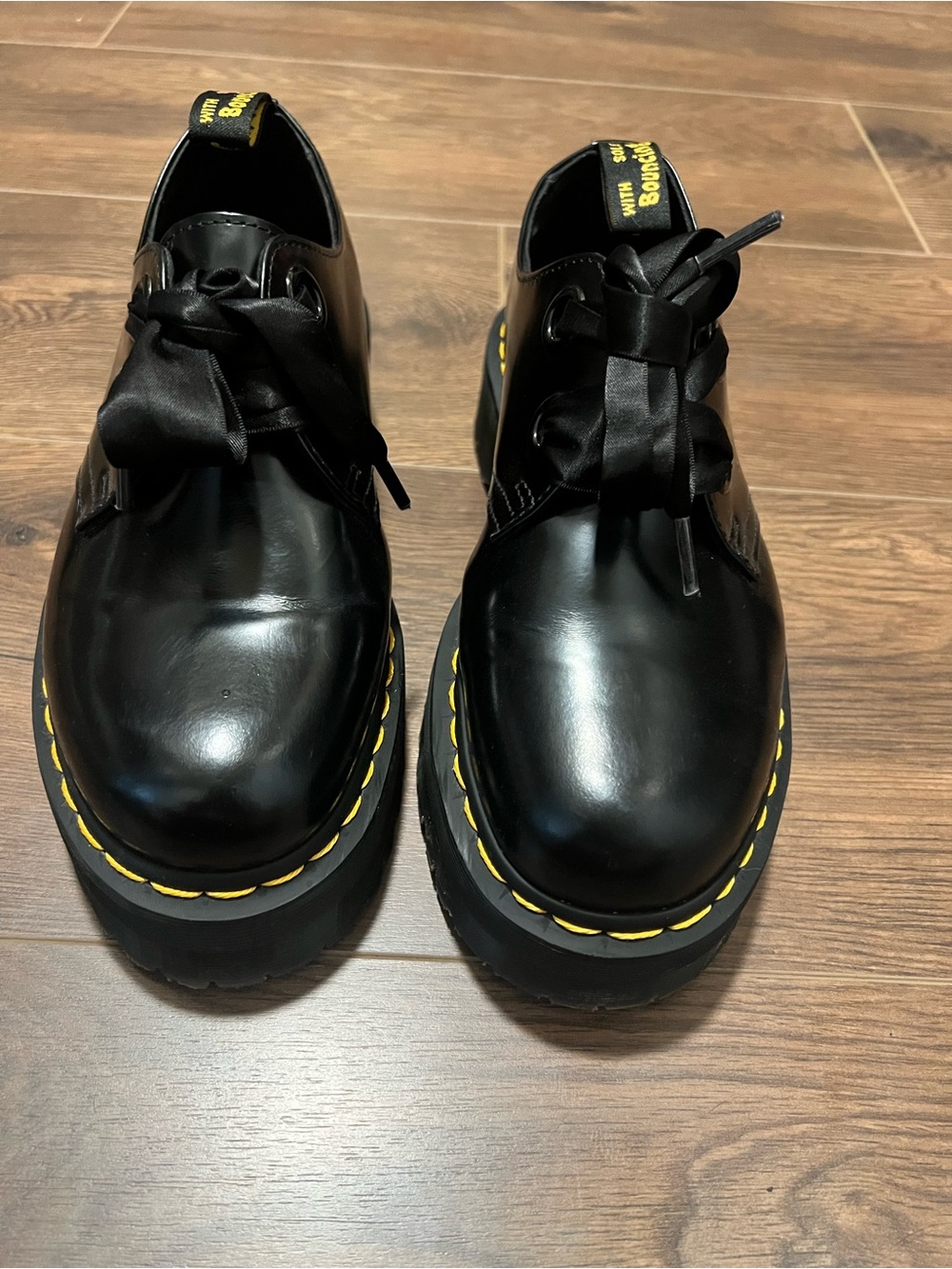 Dr. Martens Holly Black Leather Platform Oxfords with Yellow Stitching - Picture 2 of 4